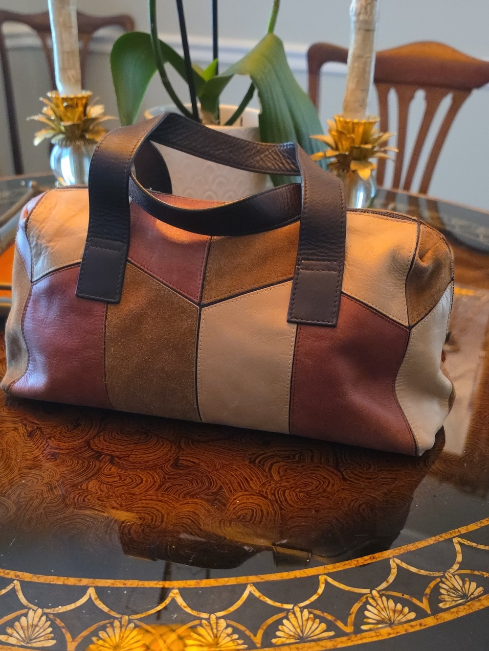 John Richmond Multitone Patchwork Leather Bowling Bag Suede Excellent Cond